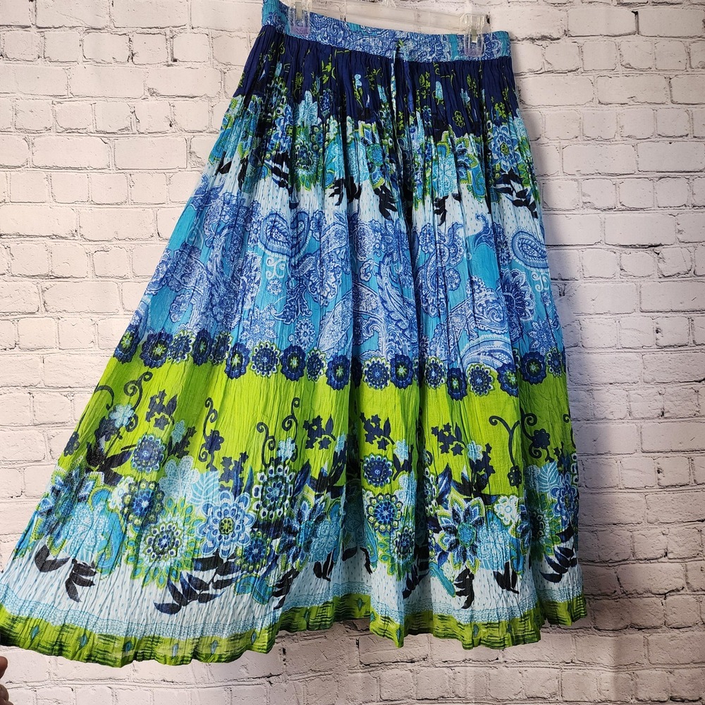 Take Two Clothing Co Boho Ankle Skirt Medium Blue Green Paisley Floral Cotton